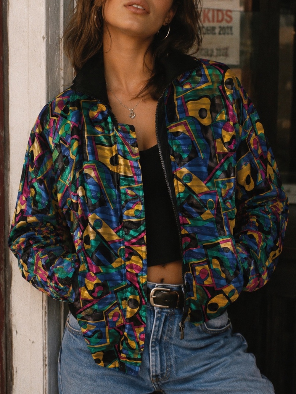 90s Multicolor Patterned Reversible Bomber Jacket - Women's